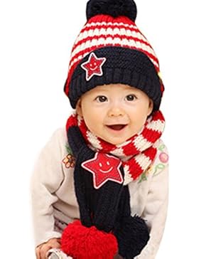 HappyCherry® Unisex Baby Mütze Beanie Kappe Wolle Fleece Strickmütze mit Schal 2 Stücke Set