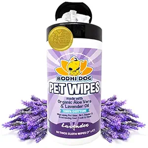 Pet Grooming Wipes, All Natural 100% Cotton Lavender and Organic Aloe, Large Wet & Thick Deodorizing and Cleaning Best for Dog & Cat Paws & More