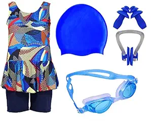 Wetex Premium Girls Swimming Kit with Swimming Costume Swimming Goggles Silicone Swimming Cap Ear Plug and Nose Plug (Blue)