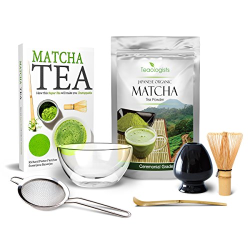 Japanese Tea Ceremony Luxury Gift Set by Teaologists - Inc. Organic Matcha Green Tea, Double Walled Glass Bowl, Traditional Whisk, Fine Sifter, Handmade Whisk Holder, Ladle and Book - Christmas Gift