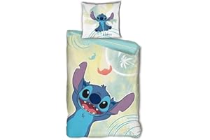 AYMAX S.P.R.L. Parure de Lit Disney Stitch 100% Coton, Housse de Couette Réversible 140x200 cm + Taie d'oreiller 65x65 cm
