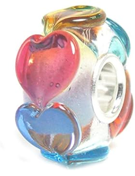 Glasperle mit Kern aus Sterlingsilber, verziert mit Glasherzen in Regenbogenfarben, für europäische Charm-Armbänder