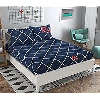 R.V Shadow King Size Bed Cover Elastic Fitted Bedsheet with 2 Pillow Covers (240 X 260 cms, Checkered Blue)