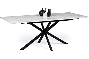 IDMarket - Tavolo da pranzo rettangolare allungabile per 6-10 persone ALASKA con effetto marmo bianco e gamba a ragno in metallo 160-200 cm