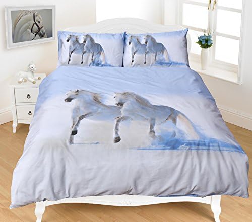 Heavenvalley Poly Cotton Printed Animal Photographic Duvet/Quilt Covers with Pillow Cases (Single, White Horses)