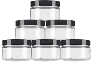 HAPPYUPCITY 6 x 250 ml große, leere Kunststoffgläser mit breiter Öffnung, runde Gläser mit schwarzem Deckel, für Kosmetik, Make-up, Creme, Lotion, Behälter, Spender für Lidschatten, Puder, trockene Waren.