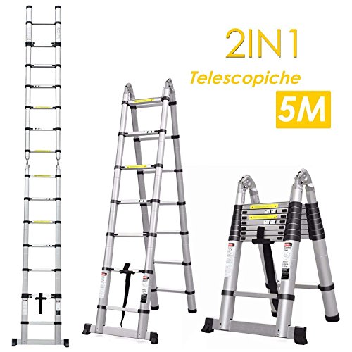 Fixkit 5M Escalera Telescópica de Aluminio Portátil Multiuso con Barra de Balance Antideslizantes (150 KG, 16.4FT, Extensible, Plegable)