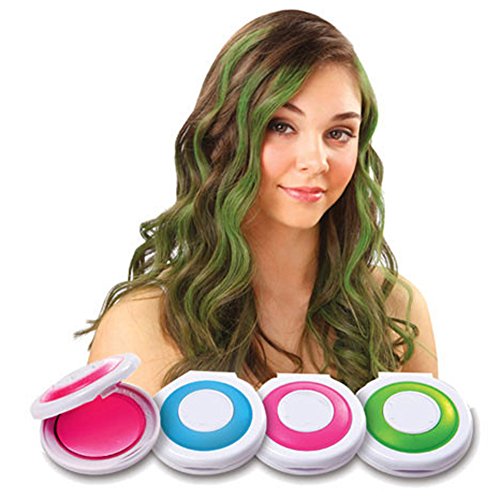 Hot Huez DIY Fast Non-toxic Temporary Hair Chalk Pack of 4 Colors Compacts - Pink Blue Purple And Green