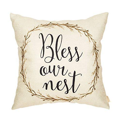 Rustic Bless Our Nest Vine Wreath Vintage Country Style Retro Farmhouse Quote Gift Cotton Linen Home Decorative Throw Pillow Case Cushion Cover Words Sofa Couch
