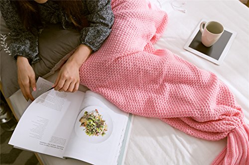 KiKi Monkey Multi-Größe handgemachte gestrickte Mermaid Schwanz-Decken-Sofa Schlafsäcke All Seasons für Erwachsene Kinder (M, PINK) - 4
