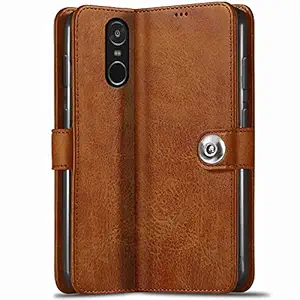 TheGiftKart Genuine Leather Finish Mi Redmi Note 4 Flip Back Cover Case | Inbuilt Pockets & Stand | Wallet Style | Designer Button Magnet Flip Cover Back Case for Redmi Note 4 (Brown)
