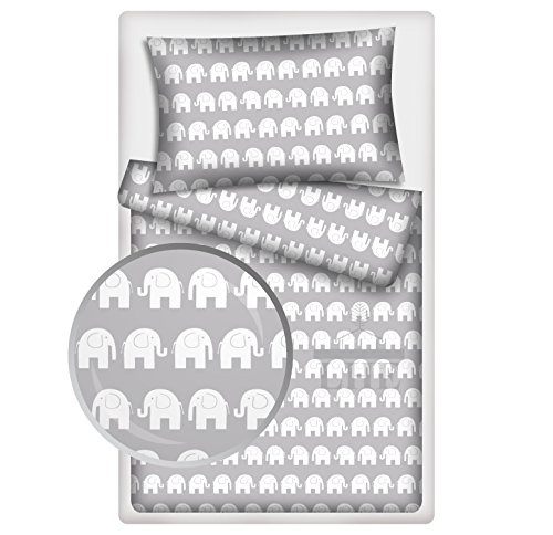 LHE 2 Piece Baby Bedding COT BED Duvet Set Super Soft 100% COTTON Oeko-Tex tested GREY PINK YELLOW GREEN (FOR COT 120x60 cm, 22- WHITE ELEPHANTS ON GREY)