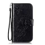 Coque pour Samsung Galaxy S4 Mini, Etui pour Samsung Galaxy S4 Mini, ISAKEN Coloré Fleur Papillon Style PU Cuir Flip Magnétique Portefeuille Etui Housse de Protection Coque Étui Case Cover avec Portable Dragonne Stand Support et Carte de Crédit Slot pour Samsung Galaxy S4 Mini I9190 I9195 (Fleur Papillon Noir)