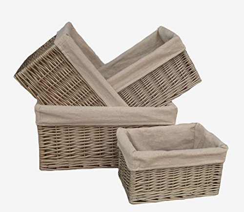 Antique Wash Lined Open Wicker Storage Baskets Set of 4