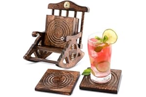 DIVIT COASTERS Divit Dessous de Verre en Bois, Ecologiques, Absorbants, au Look Antique, Faits Main, Set de 6. (Rocking Chair Coaster)