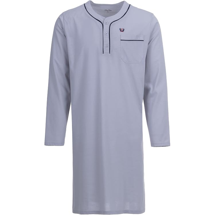 LUCKY Camicia da notte da uomo a maniche lunghe 1/1 con tasca sul petto, grigio., L