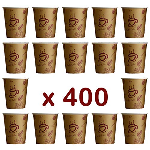 400 unidades. Coffe to go - Vasos de café reciclables con capa de cartón, resistentes al calor, 400 unidades, 200 ml, diseño de granos de café, color marrón. Fabricado con material 100% reciclable.