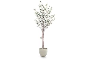 MAIA SHOP Almendro Artificial 180 cm con Tronco Natural y Flores Blancas, Árbol Decorativo Realista de Gran Altura, Planta Artificial Grande para Salón, Oficina, Hotel o Eventos