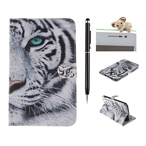 Felfy Slim Full Body Weiß Tiger Sharp Grünen Augen Muster PU Lederhülle Case Cover Etui Schutz Hülle Tasche für Samsung Galaxy Tab 3 Lite T110 T111 T113 + 1x Koala Anti Stöpsel + 1x Black Stylus