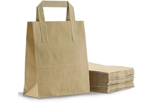 ezkart Pack of 50 - Small SOS Brown Paper with Handles Ideal Bags for Party, Weddings, Lunch, Christmas, Sweet, Takeaway & Grocery, Kraft Paper Bags, Food Gift Size (50, Small-18x22x9cm)