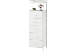 Somdot Tall Chest of Drawers for Bedroom with 5 Drawers, Storage Unit with Fabric Drawers for Closet Bedside Dorm Kids Nursery Laundry Living Room Entryway Hallway, White Leather