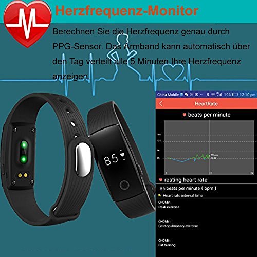 AsiaLONG Aktivitätstracker mit Pulsmesser Bluetooth Fitness Armband Activität Tracker Smart Armband mit Schrittzähler / Schlafanalyse / Kalorienzähler / SMS SNS Vibration Fitness Tracker für Android und IOS (Schwarz) - 4