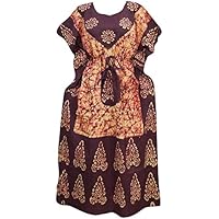 Mogul Interior Women's Maxi Dress Bohemian Kaftan Maroon Batik Printed Beach Cover up Kimono XXL