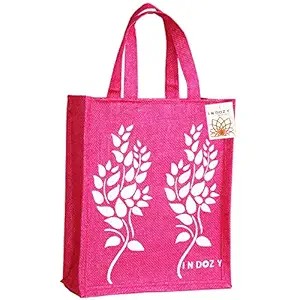 INDOZY Jute Bag for Lunch Tiffin & Gifting | for Men Women Girl boy Kid Office Daily use Handbag | with Zip & 2 Inside Pockets for Spoon/Fork/Tissue/Mobile & Water Bottle (Pink Leaf)