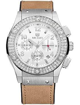 megir Luxus Damen Chronograph Skelett Hände Leder Quarz Uhren wasserdicht Kalender 24hr Dial Armbanduhr für Frau