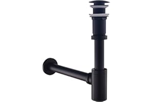 SET - Design Siphon mit Ablaufgarnitur ohne Überlauf für Waschbecken Schwarz Matt – Keymark Universal Siphon und Ablaufventil Bad – Messing Syphon Sifon Pop Up Abflussgarnitur Abfluss Waschtisch