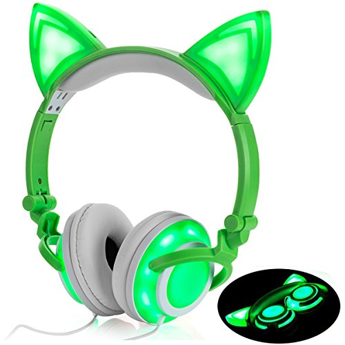 LIMSON Auriculares Plegables y Recargables para Niños con Limitación de Volumen de Oreja de Gato Headset de Dibujos Animados con luz LED (Verde)