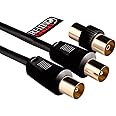 rhinocables Coaxial TV Aerial Cable with Gold-Plated Connectors | Male to Male RF Coax Lead with Female Adapter | Universal Compatibility for HD/Standard TVs & Satellite Receivers (1m, Black)
