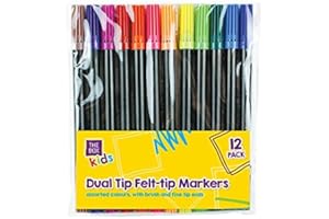 MD MUZ Dual Tip Felt Plastic Pens (16 cm x 1 cm) Pack of 12 - Assorted Colors with Fine & Brush Tips, Perfect for Art & Writing, Black
