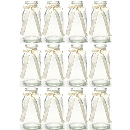 12 x Glasfläschchen - Vasen, cremefarbenes Band H 10,5 cm - Glasflaschen Tischvasen Dekoflaschen