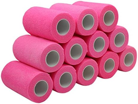 COMOmed 12 Rolls Cohesive Bandage Crepe Bandages Individually Wrapped with Elastic First Aid Tape for Sprain Swelling and Soreness on Wrist and Ankle, Pink