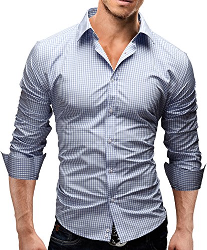 Merish Camicia Uomo, Disegno Speciale, a Scacchi, Slim Fit 5 Colori Taglia S - XXL Modell 41 Blu Chiaro XXL