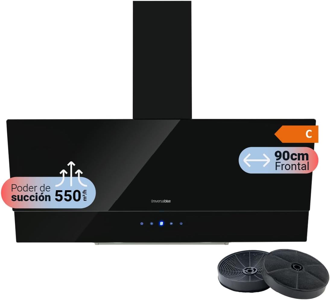 UNIVERSALBLUE Campana Extractora Cristal Negra 90cm | Extractor Humos y Aire Eléctrico para Cocina | Control Táctil | Ruido Reducido | Filtros de Carbono | Fácil Limpieza | Luz LED | Clase C