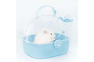 BUCATSTATE Small Animal Carrier Cage with Water Bottle, Portable Hamster Travel Carrier Carry Case 18.4L*17W*16.3H cm for Small Pets, Gerbils, Mice, Dwarf Hamster (Blue)