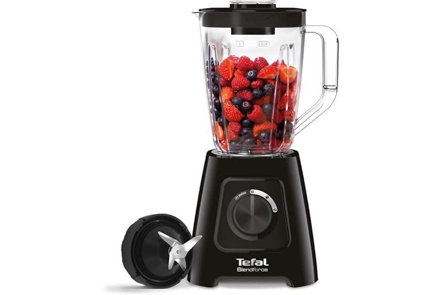 Tefal Blendforce II Blender, 2L Plastic Jug, 1.25L Effective Capacity, 600W, 4 Removable Stainless Steel Blades, Smoothie, Ice Crush, 2 Speeds + Pulse, Kitchen Shakes Maker, Black, BL420840
