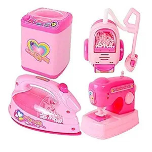 paldibi household utility toy set for kids working household appliances set (washing machine, iron, sewing machine,vacuum cleaner) with light & sound for girls- Multi color