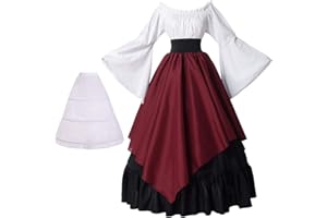 BPURB Vestido medieval para mujer, disfraz renacentista (parte superior, falda y enagua), Negro/Rojo, M