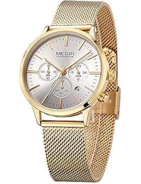 megir Damen Gold Edelstahl Band Chronograph phosphoreszierende Zeiger Datum Indikator Fashion Quarz Handgelenk...