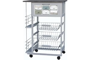 Carrello Cucina Struttura in Legno Portaverdure Portafrutta tre cestelli in Acciaio Carrello Cucina Slim con Cassetto Porta Pane e Portabottiglie Pratiko Life