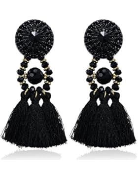 eManco Statement Schwarz Quasten Damen-Ohrringe mit Kristalle Perlen Bohemien Vintage Handcrafted Tracht Schmuck