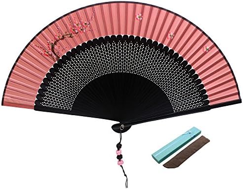 Abwin Handmade Black Lacquer Bamboo Ribs Design Flowers Painting on Rosy Silk Folding Fans