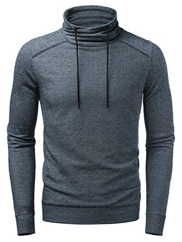 HEMOON Men's Cotton Turtle Neck Drawstring Long Sleeve Casual Fitted Pullover Sweatshirts Blue L