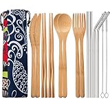 Material: el tenedor, el cuchillo, la cuchara y los palillos están hechos de bambú resistente que tiene buena resistencia a la tracción, lo que hace que este juego de cubiertos sea confiable y duradero