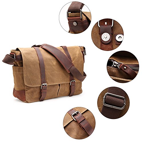 Messenger Bag H-ANDYBAG Waxed Canvas Herren Umh  ngetasche Passt 15 Zoll Laptop  Khaki 