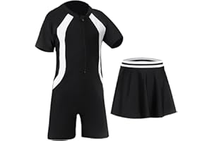 UoQo 2in1 Swimming Costume for Girls Short Sleeve One Piece Swim Suit with Skirt Quick Drying Kids Swimwear for Summer Swim Beach Water Sports