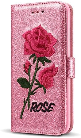 iPhone 6 6S 4.7 inch Case,Premium Bling Glitter [Rose Pattern Embroidery] Flip PU Leather [Magnetic Closure] Stand Wallet Case with [Card Slots] Cover for Apple iPhone 6/6S (4.7 inch) - Pink